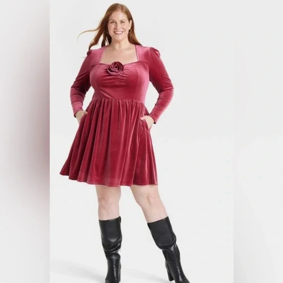 Women's Holiday Long Sleeve Rosette Midi A-Line Dress - Ava & Viv Cherry Red Xxl